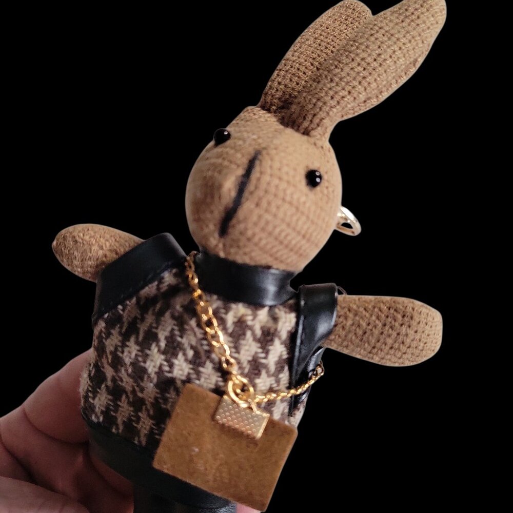 ❤️7" Bunny Hand Bag Charm Keychain Wearing Houndstooth Sweater & Purse - Picture 3 of 9
